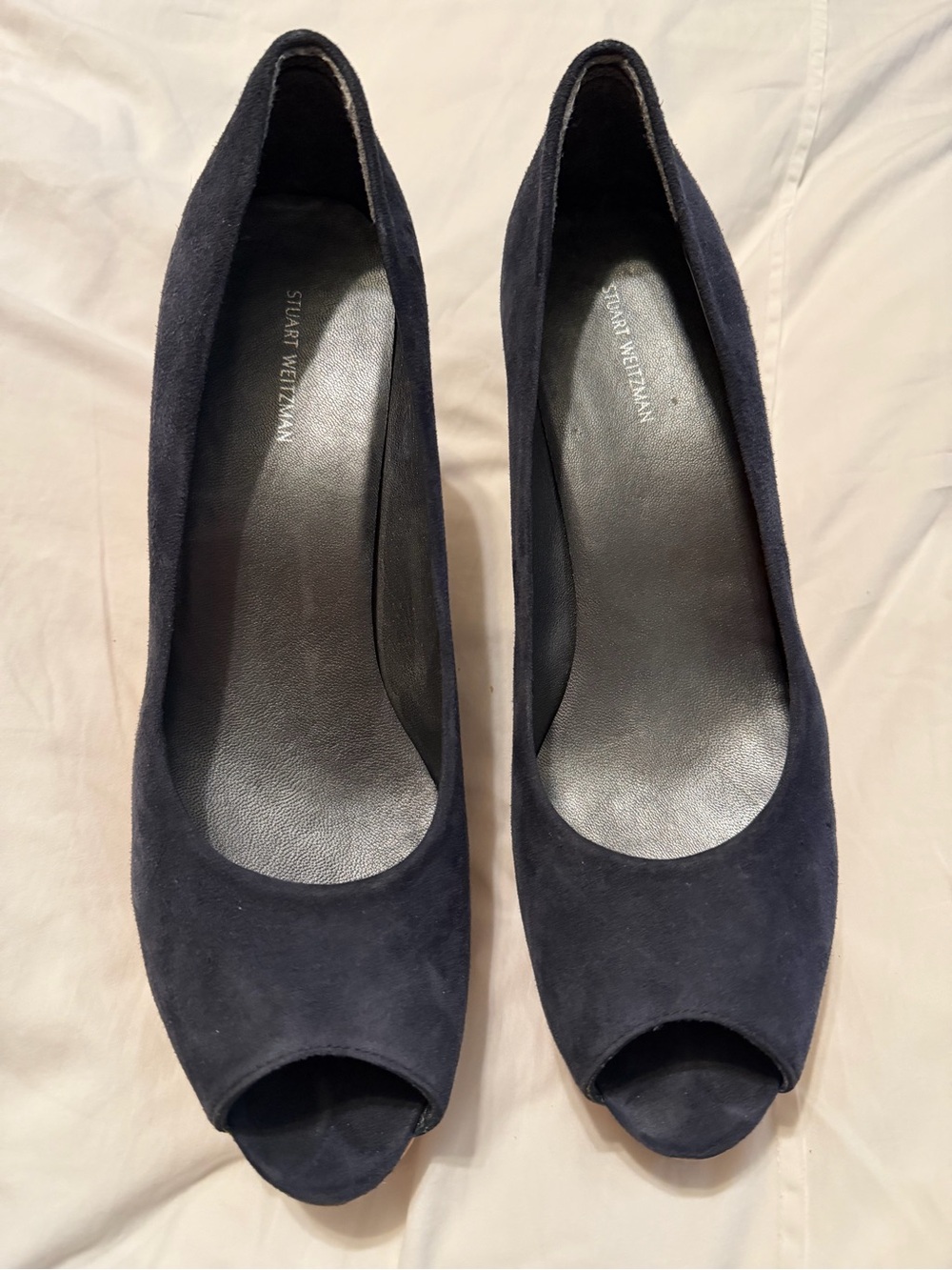 Stuart Weitzman Navy Suede Anna Cork Wedge Platform Peep-Toe Pumps Size 12